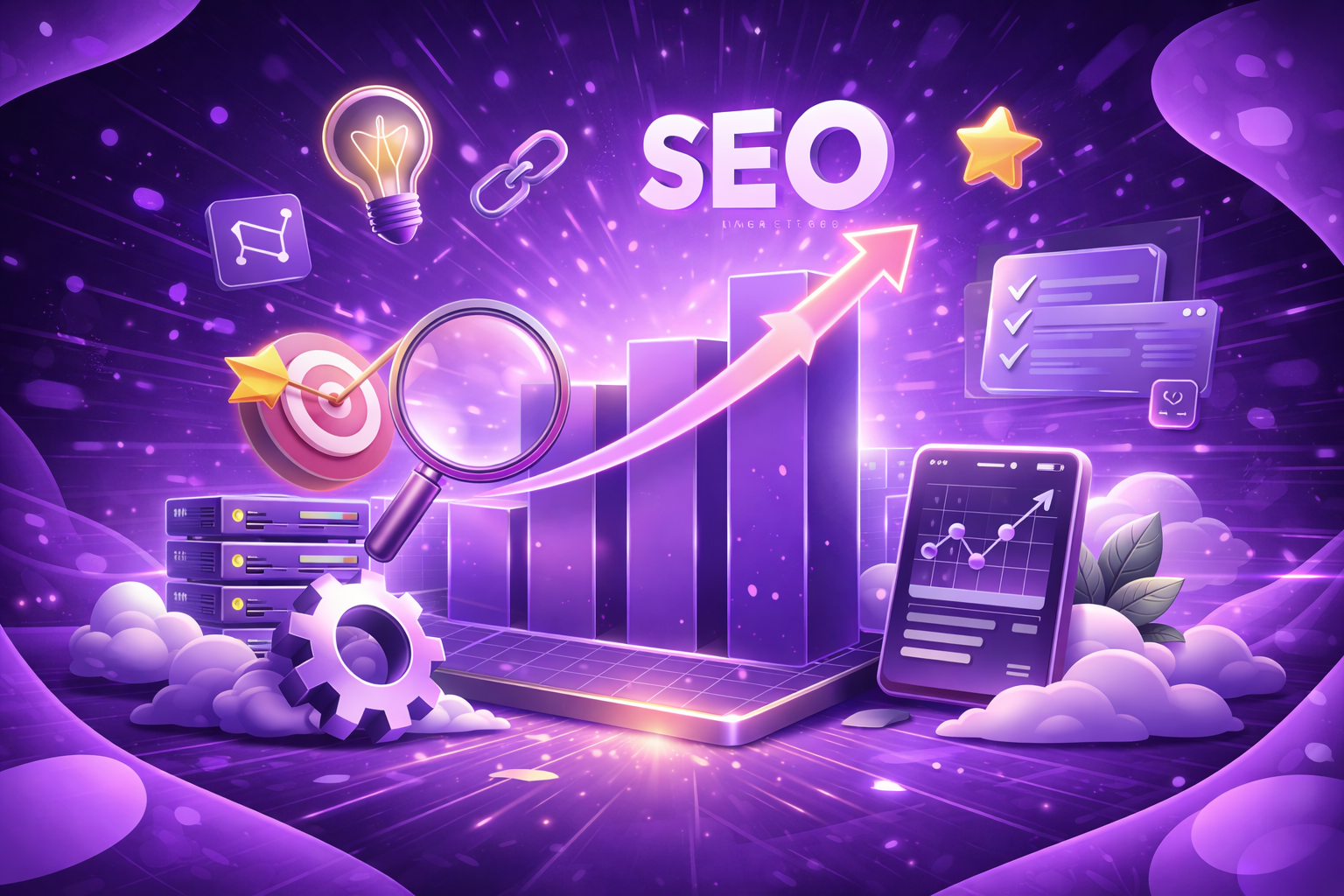 Gráficos de SEO en fondo púrpura